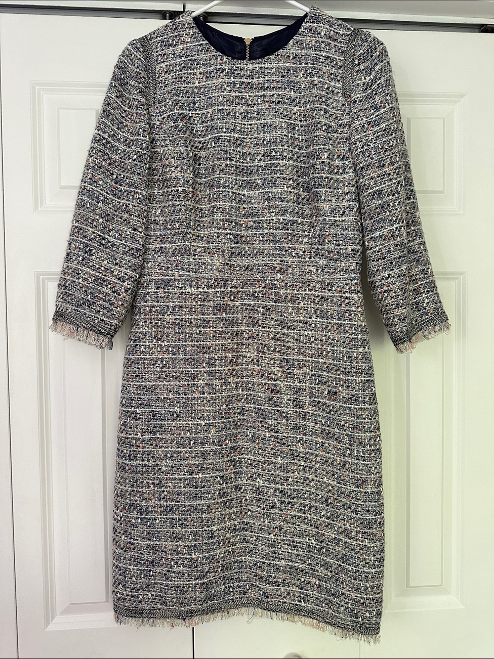 J. Crew Gray Tweed Midi Dress with Multicolor Flecks